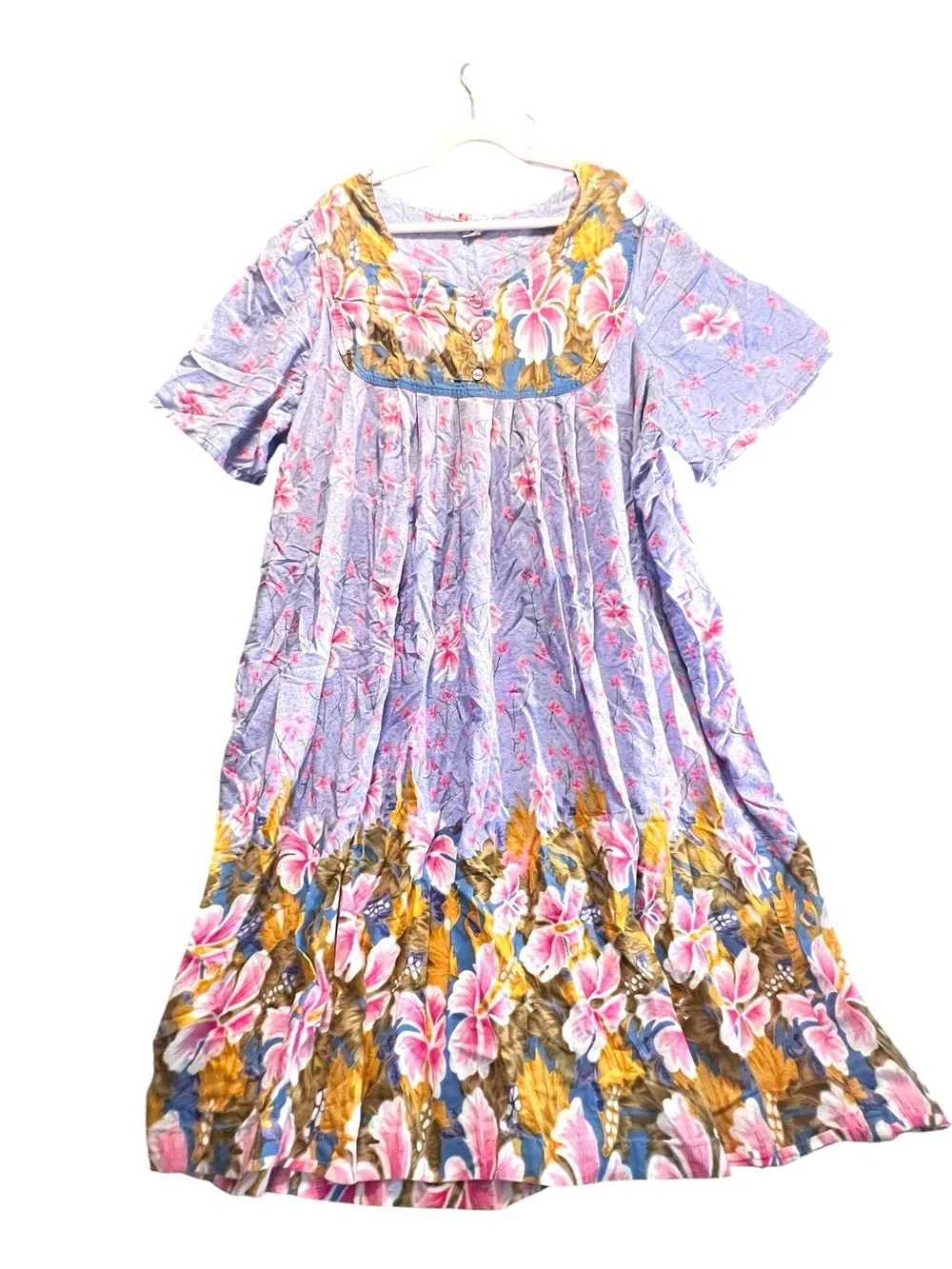 Woman Within 3X 100% Cotton Floral Housecoat Blue Pink Button Front Maxi
